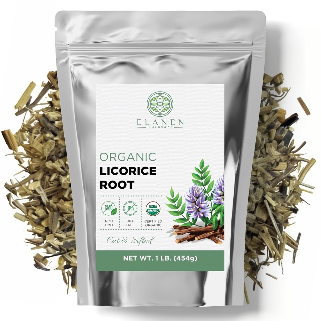 Elanen Naturals Organic Licorice Root 1 lb. (16 oz.), USDA Certified Organic Licorice Root Tea, Licourice luzem Chopped, Liquorice, Raiz de Regaliz Licrice, Glycyrrhiza glabra, Cut & Sifted