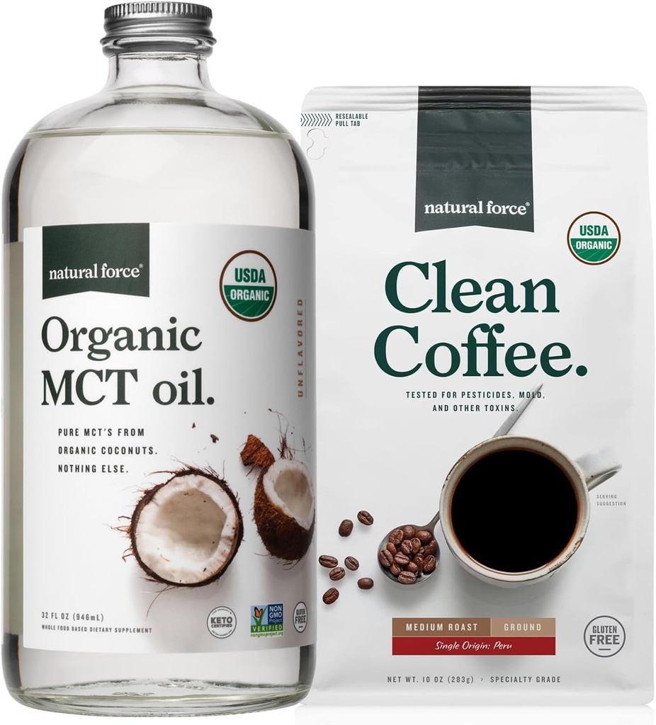 Natural Force Organic Ground Clean Coffee + Organic MCT Oil Bundle - 100% Czysty MCTs Kokosowy & Mold & Mycotoxin Darmowa kawa - Non-GMO, Keto, Paleo i Wegan - 10 Oz Bag i 32 Oz Butelka szklana