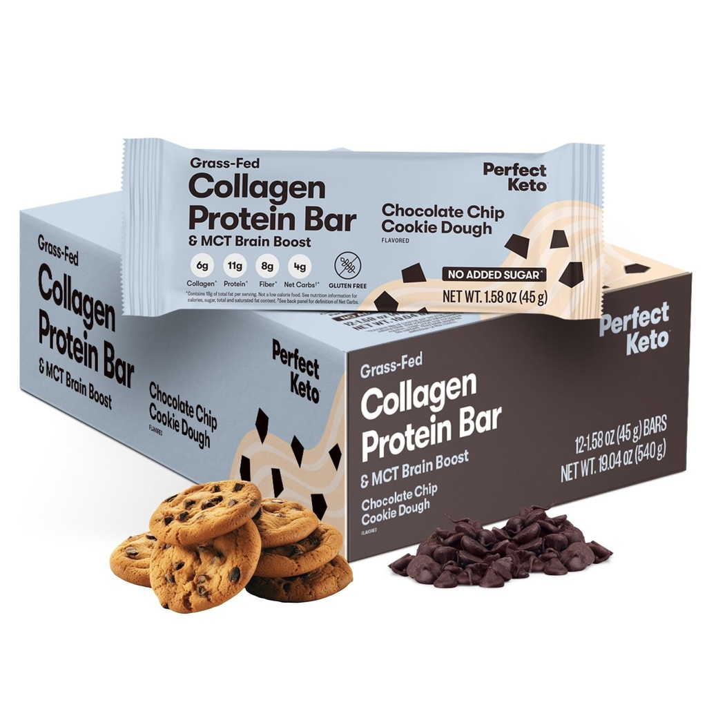 Perfect Kolagen Bary z białkami, Gluten Free Grass Fed Collagen + MCT Olej, niskie węglowodany, bez cukru Dodano, Wysokie przekąski białka, Keto dietetyczne żywności, 11g białka, 18g tłuszczu, 3g węglowodanów netto, Czekoladowy Chip, 12 barów