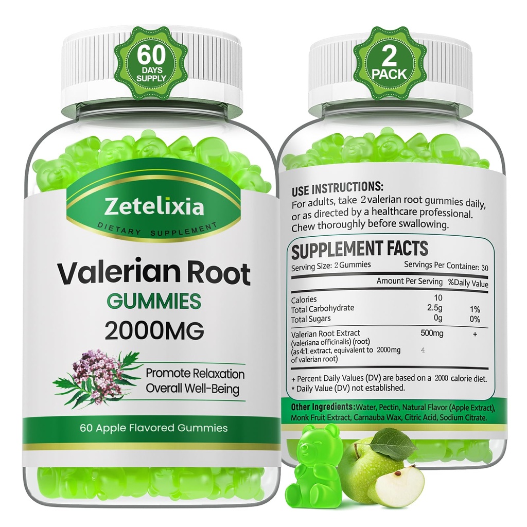 2 Pack Organic Valerian Gummies korzeni, Suplement ziołowy do relaksacji i wsparcia nastrojów, Gummeje senne bez melatoniny dla dorosłych, Wegan, Non-GMO, Apple Flavor, 120 Count