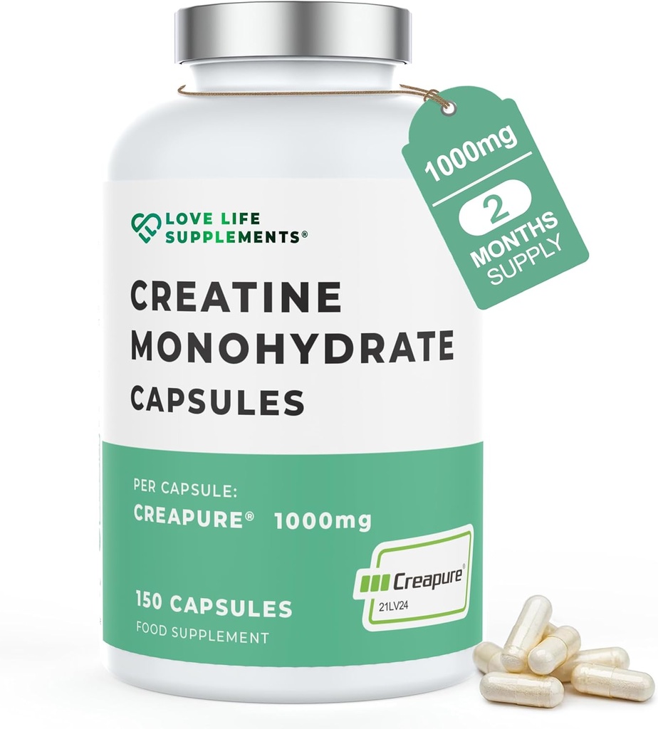 Love Life Supplements Creapure ® Monohydrat kreatyny, 150 Kapsułek, 1 Gram na kapsułkę (nie proszek lub tabletki), 30- 50 Służenie, do budowy mięśni, Siła & Moc Wyjście, Trzecia strona Tested