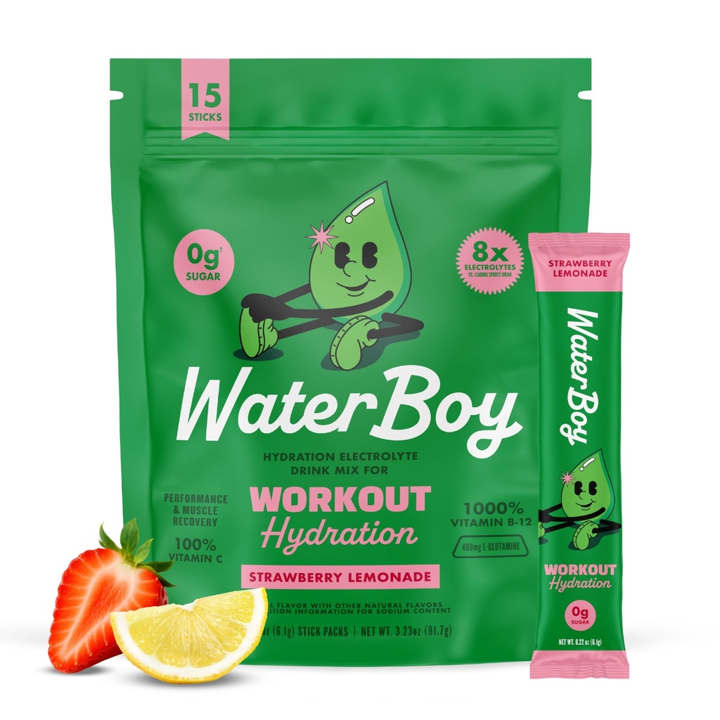 Waterboy Workout Hydration 124; 2,960mg Sugar Free Electrolyte Powder Pakiety do sporządzania proszku 124; L- Glutamine + Vitaminy 124; No Sugar, All Natural, Gluten Free According 124; 15 Drink Stick Mixes (Truskawka Lemoniada)
