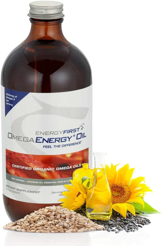 EnergyFirst Omega Energy Oil - Omega 3 & 6 Suplement z nasion lnianych, słonecznika, oleju sezamu i dyni, wegańskiego przeciwutleniacza i 12oz