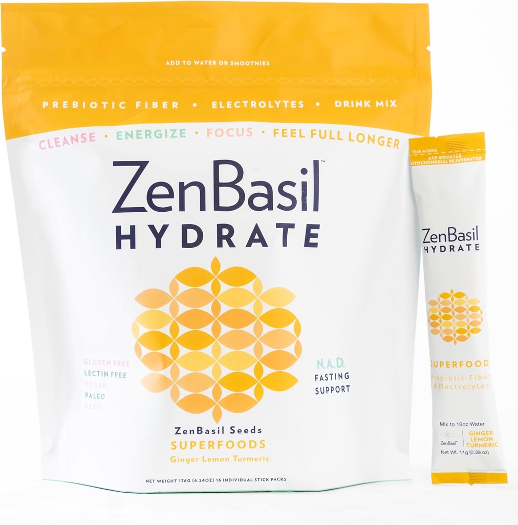 Zen Basil Hydrate - Imbir Lemon Turmeric 124; Pakiety proszku elektrolitowego nawadniania 124; Wsparcie dla postu 124; Bez cukru, Keto, Paleo Agregat 124; 16 Sticks Agregat 124; Hydration komórkowy