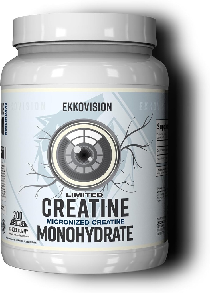 Ekkovision Kreatywny jednowodny proszek, Mikronizowany, Gummy Glacier, Pre Workout & Post Workout Suplement dla mężczyzn i kobiet, Wsparcie energetyczne, Łatwy do wymieszania w shakes, Smoothies & Napoje, 200 Sługi