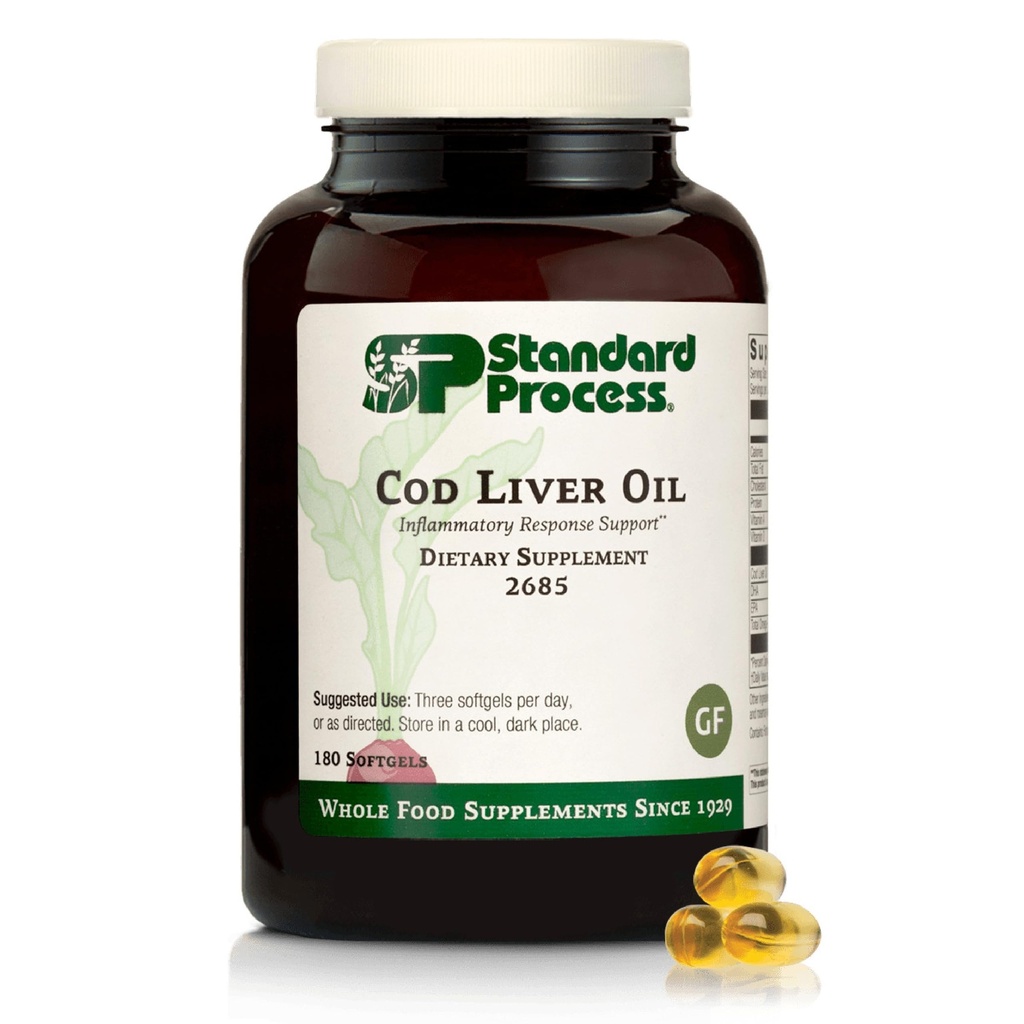 Standard Process Cod Liver Oil - Pomaga zdrowej skóry i oczu z Omega-3 Kwasy tłuszczowe i witaminy A i D - Bone & Tooth Health Support - Gluten- Free, Non-Dairy & Non-Soy - 180 Softgels (60 Servings)