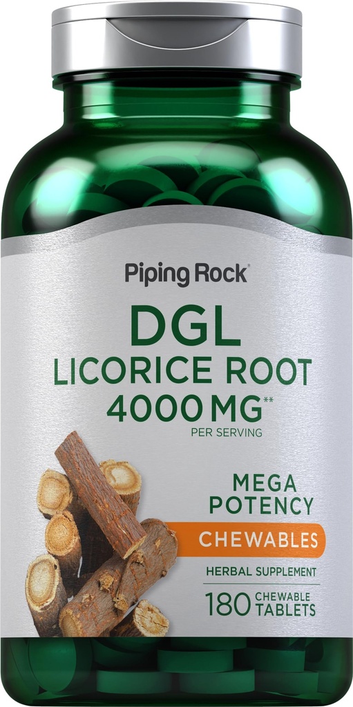 Piping Rock DGL Licorice Tabletki do rozgryzania i żucia 4000mg 124; 180 Hrabia 124; Mega Potencja Deglycyrrhizined 124; Herbal Extract Supplement Supplement 124; Wegetarianin, Non-GMO