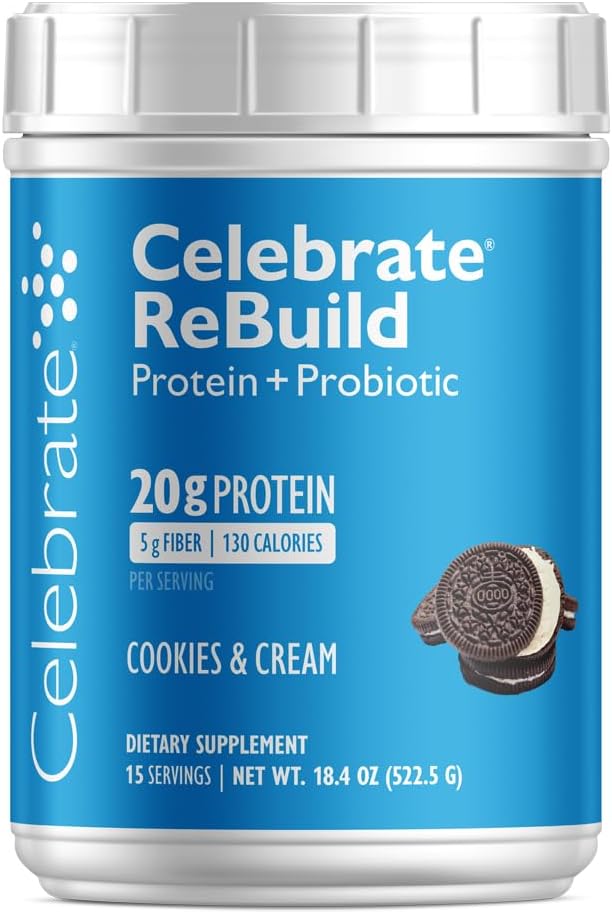 Świętuj Vitamin Odbudować protein Proszek z probiotyki i prebiotyki - 20g Białko izolatu serwatki, Wysokie włókno, dla pacjentów po chirurgii barierowej - Cookies & Cream (15 Sług)