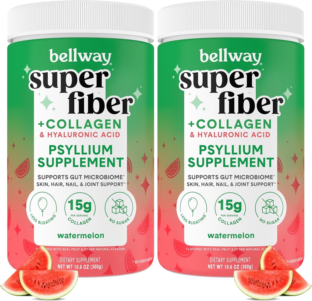 Bellway Super Fiber Powder + Collagen (2 opakowania), Pyllium wolny od cukru proszek Husk z peptydami kolagenowymi i kwasem hialuronowym dla Gut Health, Zdrowa skóra, paznokcie, kości i łączniki, Arbuz (21.2 oz)