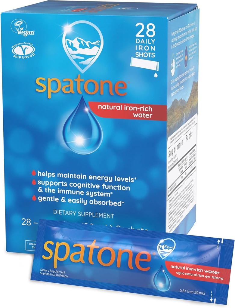 Spaton Natural Liquid Iron Supplement for Women - Men & Kids Ages 4 + - Idealny w czasie ciąży - Easy Absorbed & Gentle - Vegan - Vegetarian - Original Flavor - 28- Day - 5 mg żelaza Per 20ml Sachet