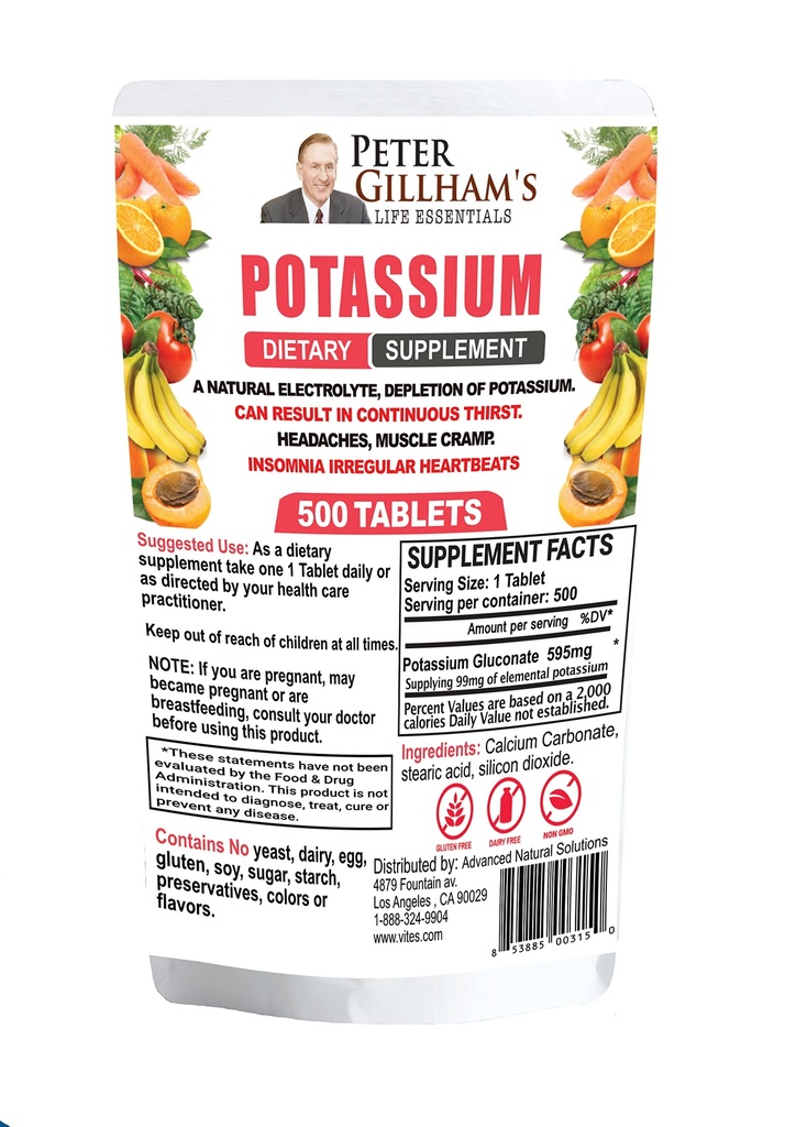 Peter Gillham 's Life Essentials Potasu Gluconate tabletki 595mg, 500 tabletek, Wsparcie równowagi elektrolitowej, Made in USA (Pakiet May Vary)