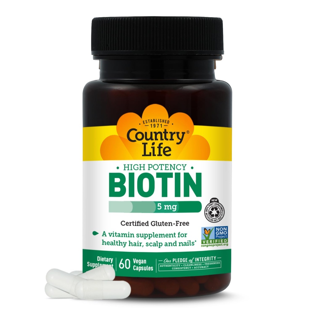 Country Life - Biotin High Potency, 5 mg - 60 Kapsułek wegańskich