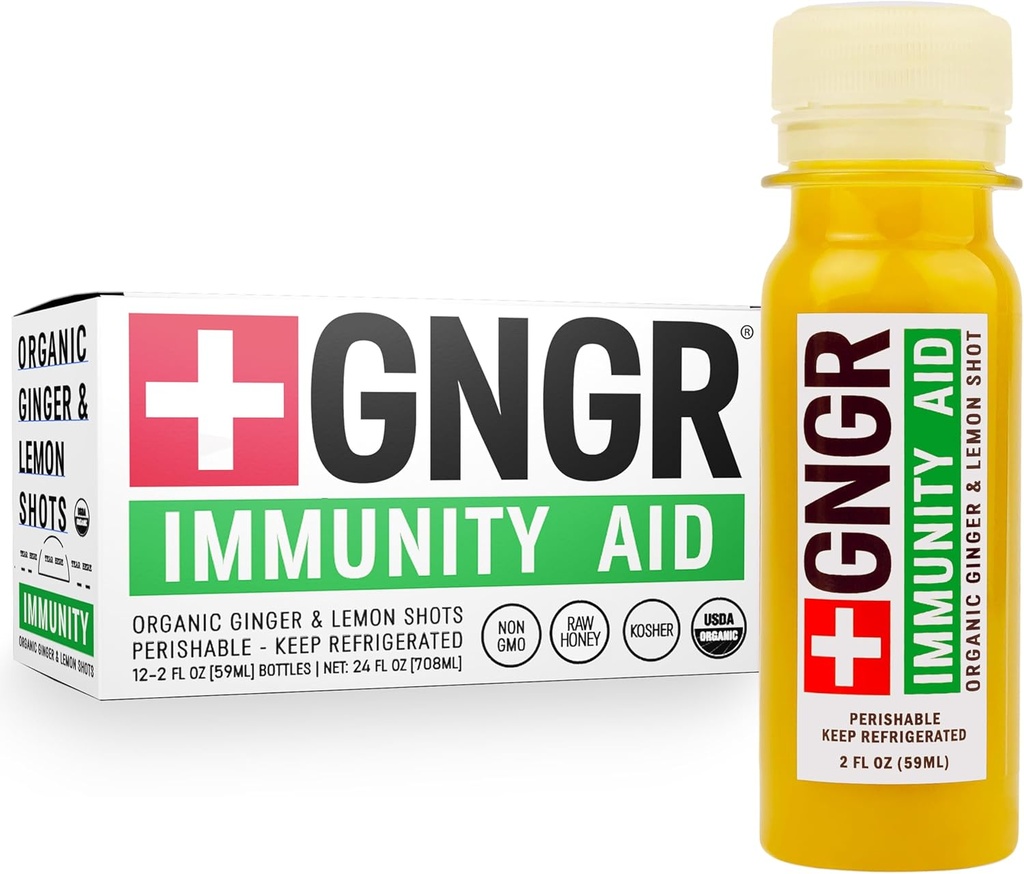 + GNGR Immunitety Aid Organic Ginger, Lemon & Honey Shot - Cold Pressed Ginger Shots with Echinacea, Sok z cytryny, Miód, Cynk i Witamina D3, Immune & Digestive Support 2 fl oz (Opakowanie po 12)