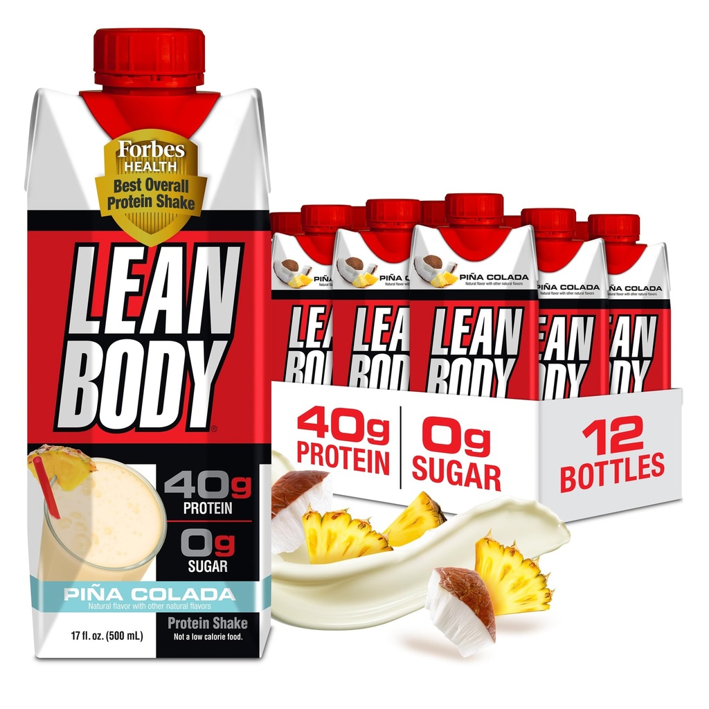 Lean Body Ready- to- Drink Pina Colada Protein Shake, 40g Protein, Serwatka Mieszanka, 0 Cukier, Gluten Free, 22 Witaminy i Minerały, 17 Fl Oz (Opakowanie 12)