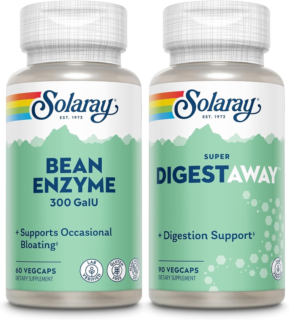 SOLARAY Bean Enzym i Super Digestaway - Digestive Enzymes Bundle - Alpha Galactosidase, Papain, Ginger, Pepsyna, Betaine HCl, Aloe Vera i więcej - Pokarm i odżywka Wchłanianie Wsparcie, 60 / 90ct
