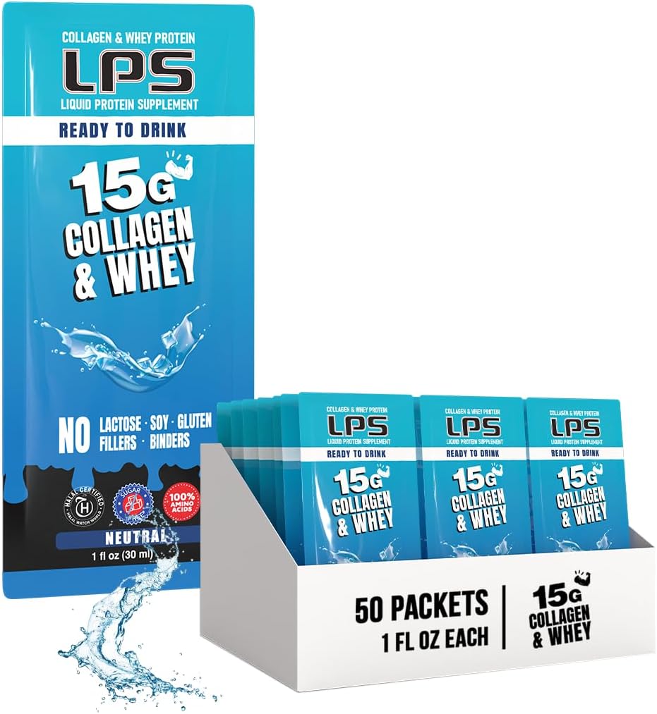 LPS Liquid Collagen & Serwatka suplement protein - Napoje niezawierające GMO, Bezcukrowe - Promotes Healthy Skin & Hair for Men & Women, Neutral, Single Serve (50 pakietów)