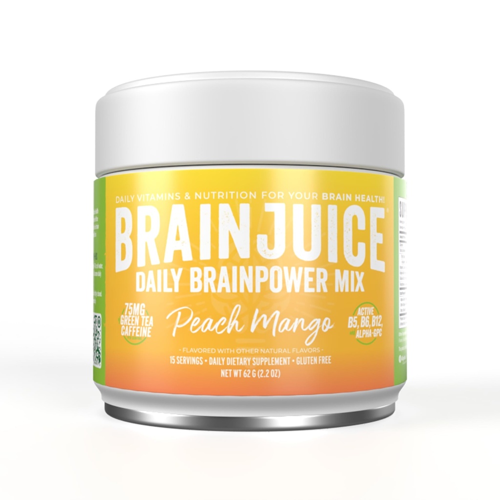 Sok BrainJuice Nootropics Suplement Wspomaganie mózgu, Gluten wolny proszek dla energii i skupienia, Mieszanka napoju z L Theanine, Alpha GPC, Witamina B, Organic Green Tea Extract Kofeina, Peach Mango, 15 Służenie