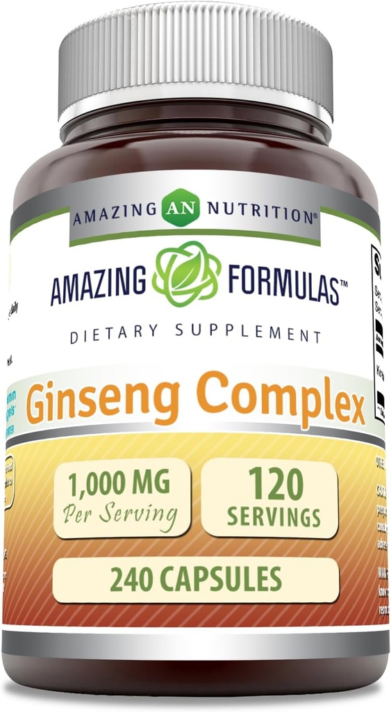Amazing Ginseng Complex - 1000 Mg Per Serving, Kapsułki (Non-GMO, Gluten Free) Wspiera zdrowy system immunologiczny - Wspiera produkcję energii - zwiększa alertywność psychiczną. (240 Count)