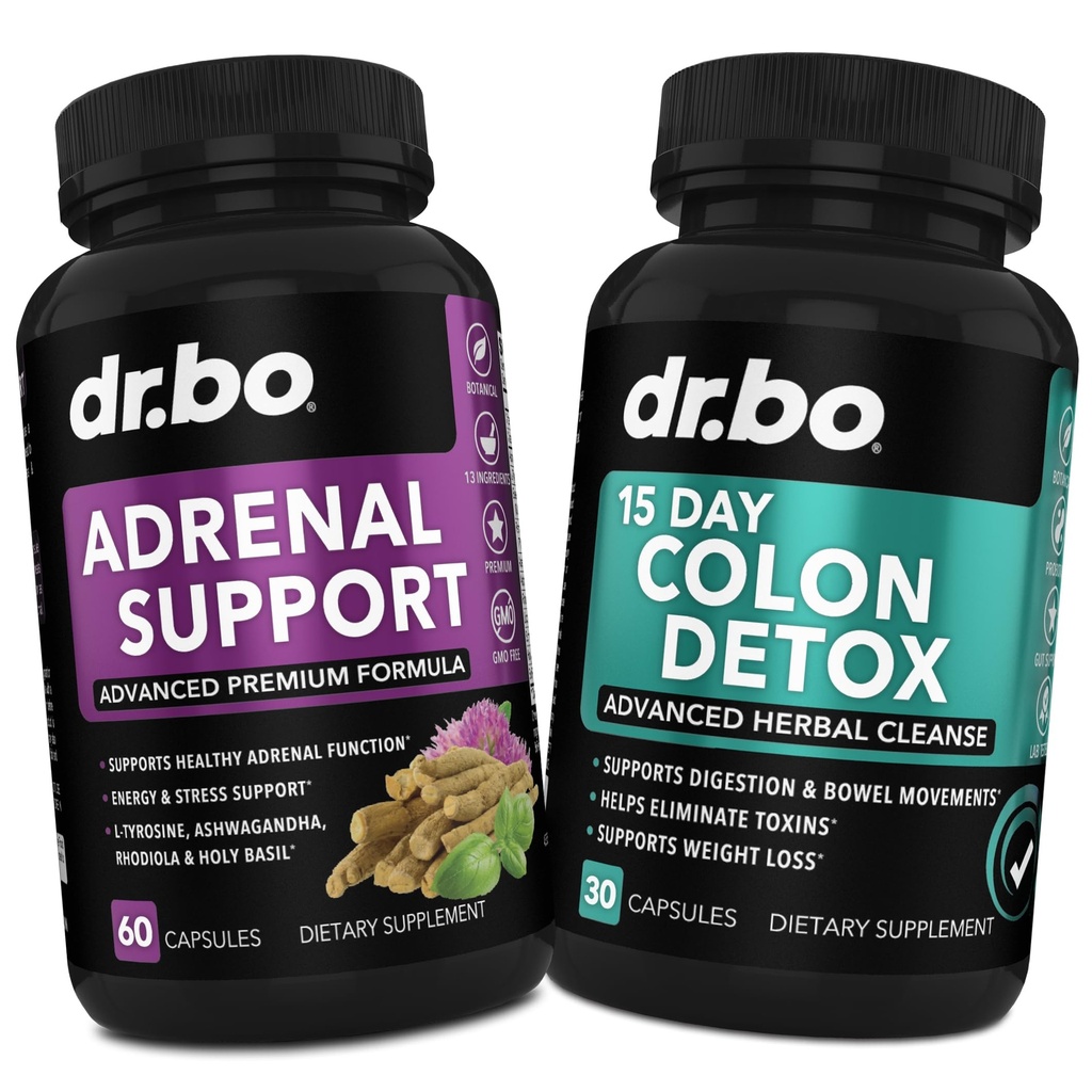 DR. BO Assistance & Colon Cleanse Supplements - Suplement do Zmęczenia nadnerczy z Ashwagandha & L Tyrosine - 15 Day Instinal Cleanse Pills for Bovel Movel Movement Support & Gut Stomach Cleansing