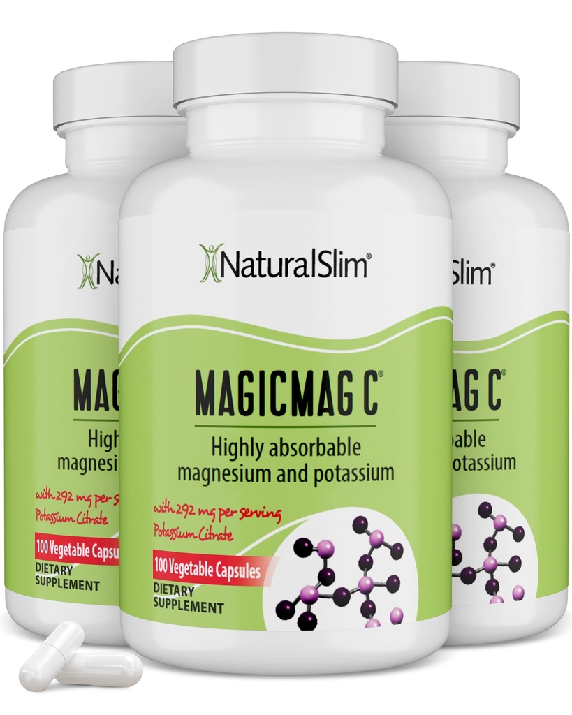 MagicMag C by NaturalSlim, Magnezu Cytrate with Potasu for Muscle Relaxation, Sleep Quality, Nerve Function & Electrolyte Support, Daily Magnezu Suplement dla mężczyzn i kobiet, 100 kapsułki 3pk