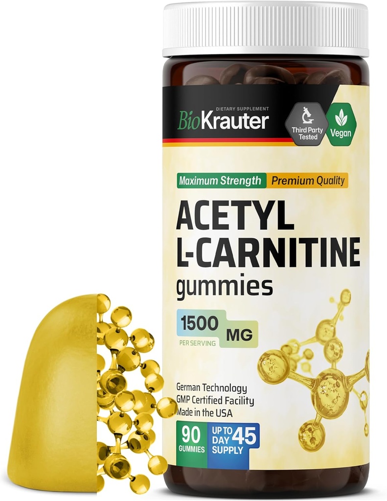 BIO KRAUTER Acetyl L Gumiaki karnityny - 1500 mg Siła - 90 Żużel wegański - Amino Acid Acetyl L Suplement karnityny - Pektyny na bazie, Non-GMO