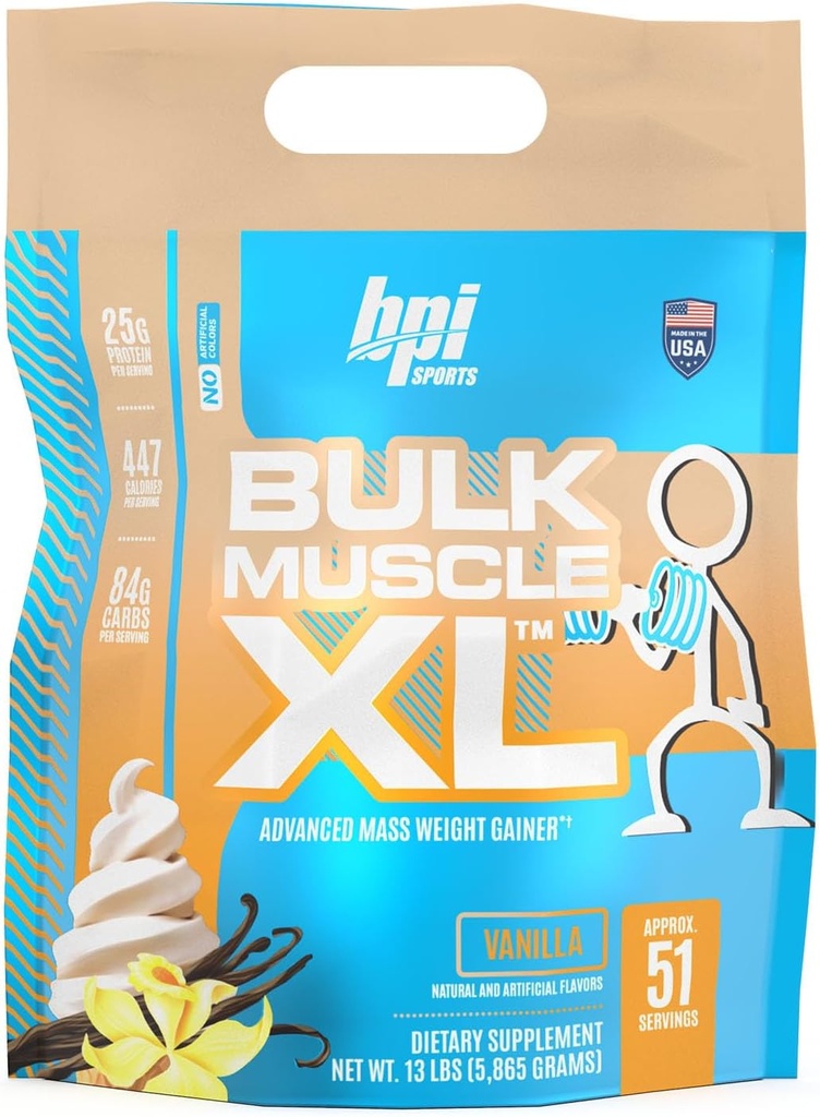 BPI Sports luzem mięśnie XL - Advanced Mass Gainer dla poważnej budowy mięśni i odzyskiwania, 25g białka & 497 Calories Per Serving - Czekolada, 13lb Bag (13lb, Vanilla)