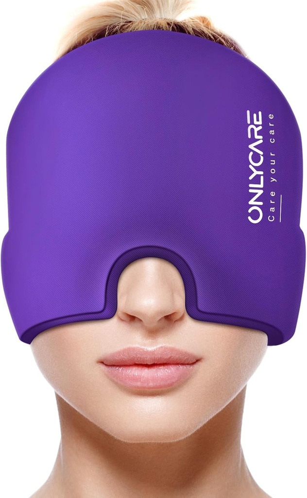 ONLYCARE Migrena Relief Cap, Kojąca czapka z bólem głowy, Ulepszony żel bezogonowy, Hot and Cold Therapy, Pack na ból głowy do napięcia i stresu (Purpurowy)