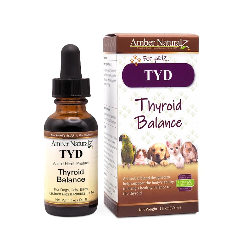 Amber NaturalZ TYD Thyroid Balance Herbal Supplement for Dogs, Cats, Birds, Guinea Pigs, and Rabbits British 124; Herbal Pet Supplement for Thyroid Health British 124; 1 Fluid Ounce Glass Bottle British 124; Productured in The USA