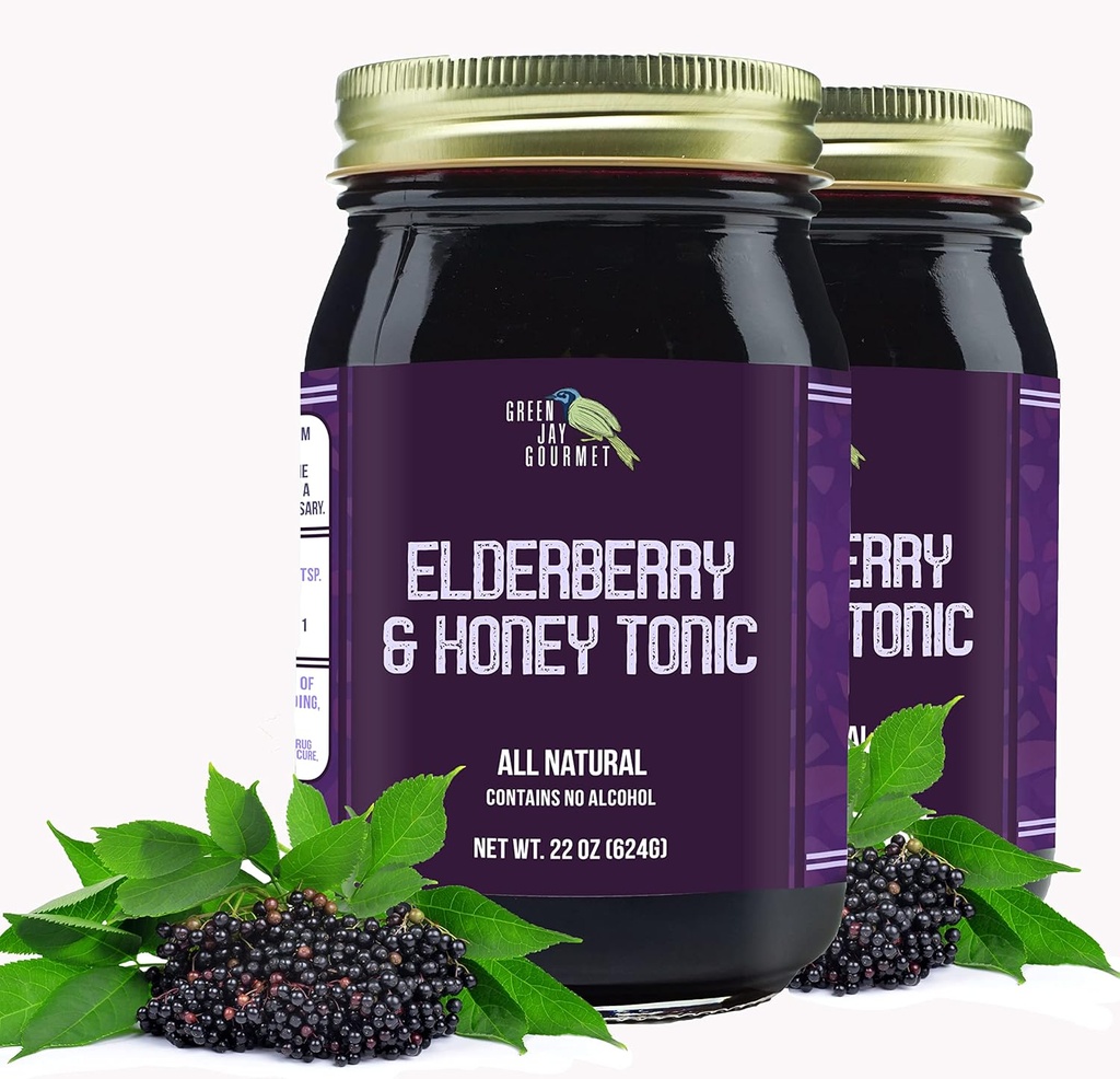 Zielony Jay Gourmet Elderberry Tonic - All Natural Elderberry Syrup - Elderberry immunologiczne wsparcie dla dzieci i dorosłych - Potężny Elderberry & Honey Blend - Sambucus Elderberry Syrup - 2 x 22 Ounces