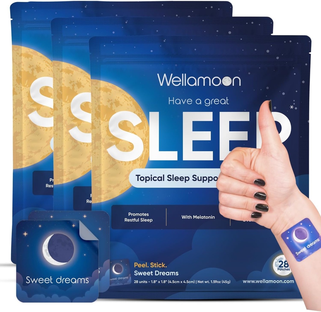 Wellamoon Original Sleep Patches dla dorosłych Dodatkowa siła 124; Sen Patch z Melatonin & Valerian 124; Skin- Friendly & Cruelty- Free 124; Długotrwały komfort nocy dla mężczyzn i kobiet 124; Opakowanie z 3 x 28 Łaty