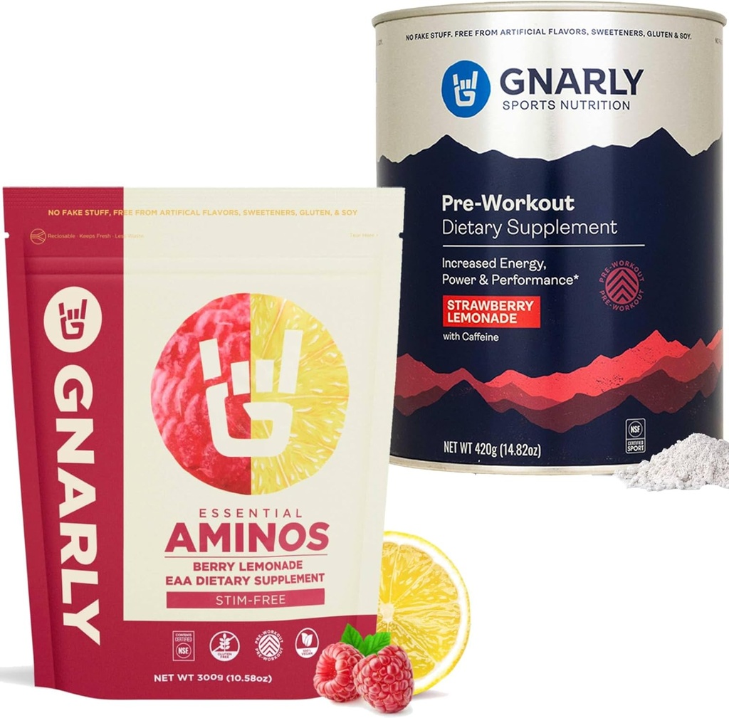 Gnally Nutrition Gnally Precuting Truskawka Lemoniada (14.82oz) Aminos Berry Lemonade Kofeina wolna (10.58oz)