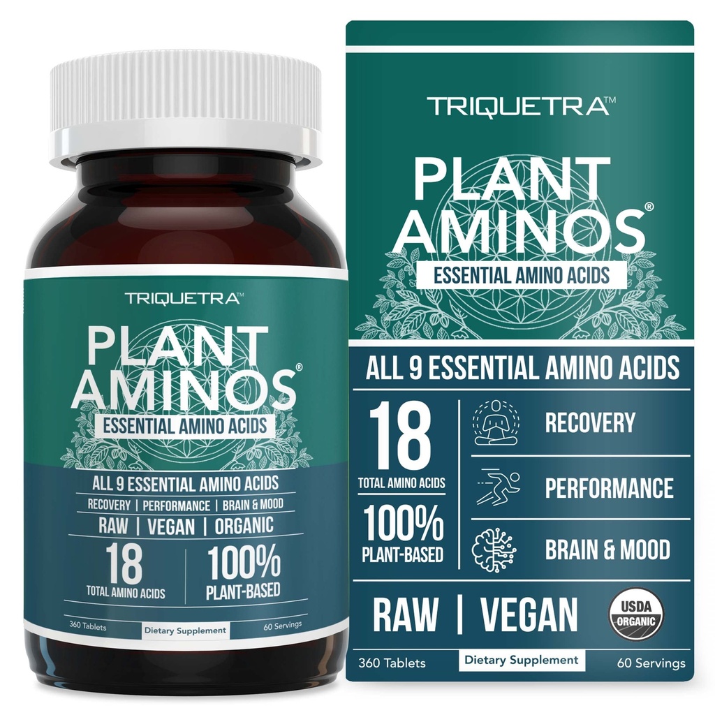 Plant Aminos Organic Esential Amino Acid Supplement (EAA) & BCAA - 100% Plant- based Raw, Vegan - All 9 Esential Amino Acids with 18 Total Amino Acids (360 Tablets)