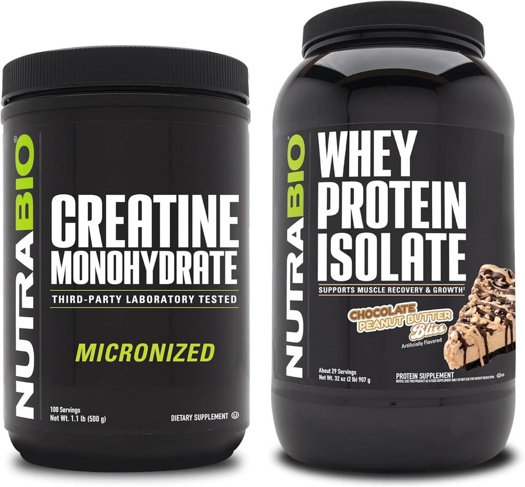 Monowodzian NutraBio Creatine, izolat nieflaworyczny, 500 g i ser białkowy, masło orzechowe czekoladowe, suplement Bundle - Energia mięśniowa, Lean Muscle Growth, Odzysk i Siła