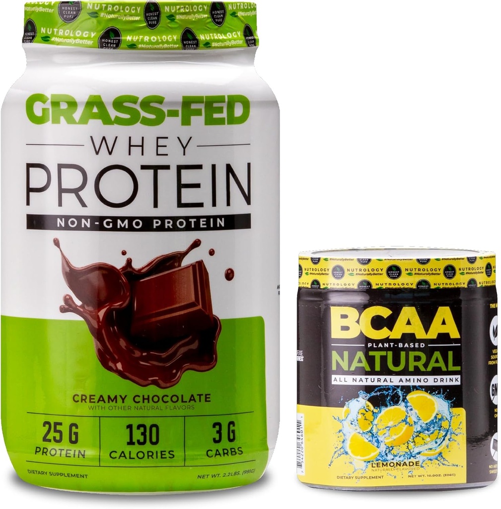 Nutrology Grass Fed Whey Protein Powder, Supports Lean Muscle Recovery & Performance, Creamy Chocolate Flavor (28 Servings) BCAA Natural, Lemonade Flavor (30 Servings)