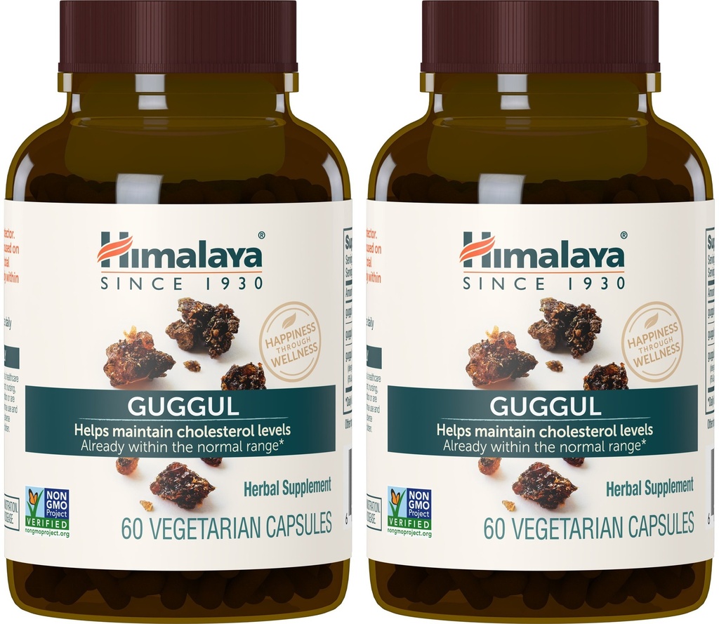 Himalaya Guggul, Suplement Cholesterolu do Zdrowych poziomów LDL, HDL i Triglicerydów, 750 mg, 60 Kapsułki wegetariańskie, 1 Miesiąc dostaw, 2 opakowania