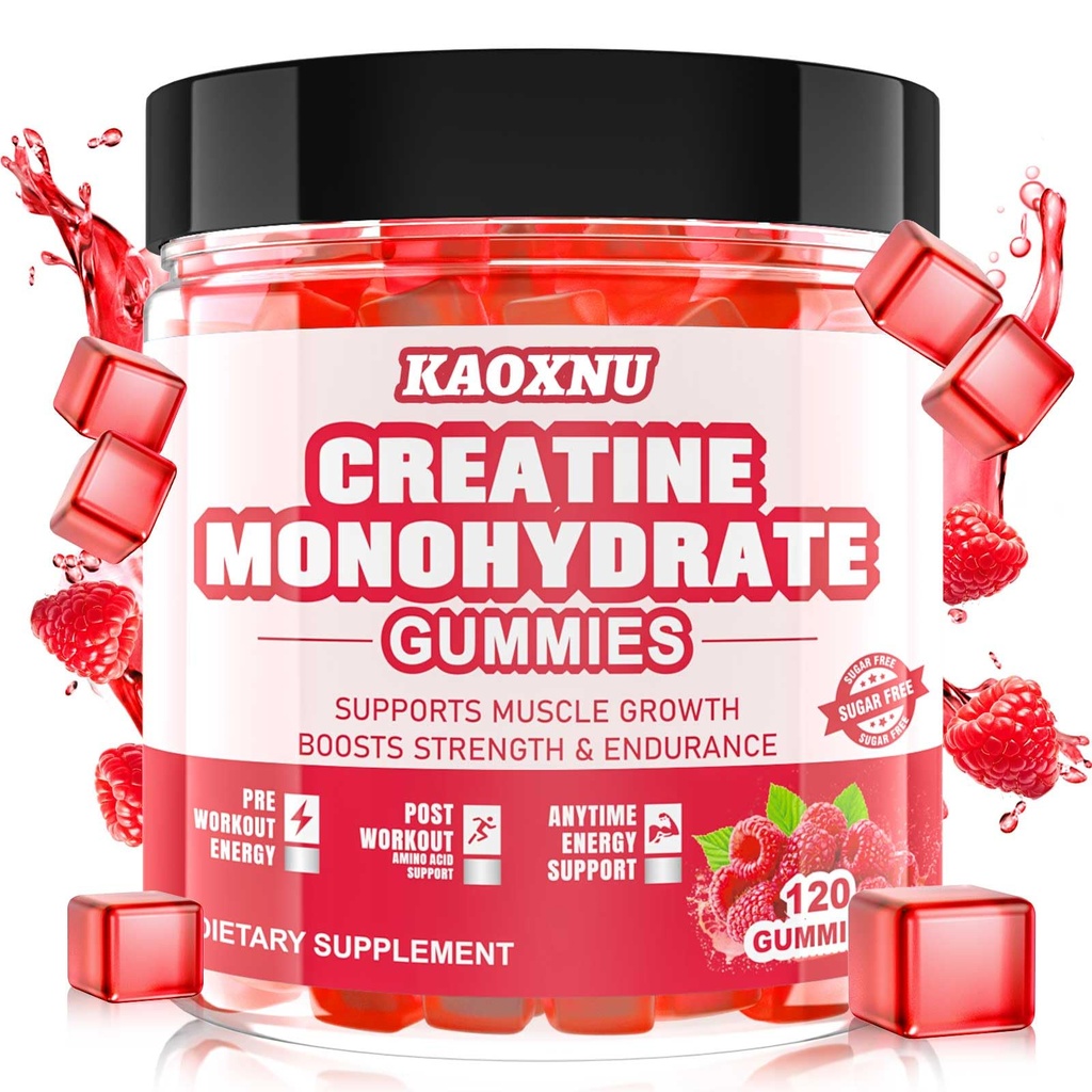 Jednowodzian kreatora Gummie dla mężczyzn i kobiet 120 CT - 5000mg Jednowodzianu kreatora na serwowanie - Bezcukrowe do żucia Kreatyna dla mięśni Siła, Muscle Builder, Energy Boost (Malina Flavor)