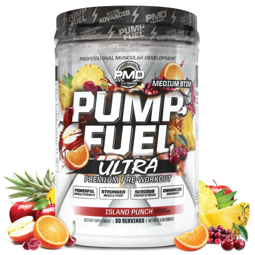 PMD Pompa sportowa Paliwo Ultra średnie Stim - Premium Pre Workout Powder & Pompa mięśniowa, Greater Focus, Endurance & Recovery, Premium Creatine, Arginine & Beta Alanine - Punch Island (30 Służenie)