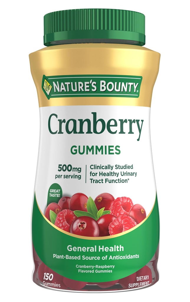 Nature 's Bounty Cranberry Gummies, Urynary Tract Support, 500 mg, Cran- Malina Flavor, 150 Ct