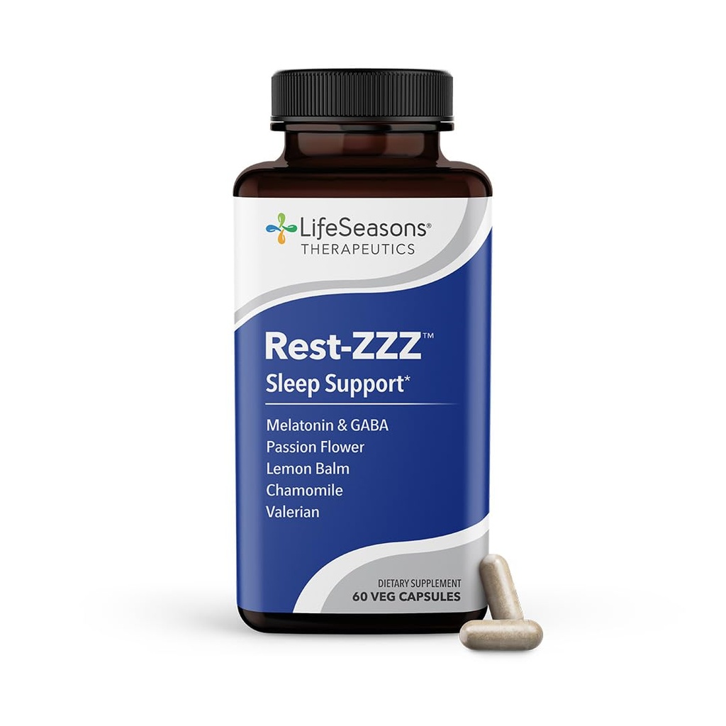 LifeSeasons Rest-ZZZ - Natural Sleep Support Supplement - Fall Asleep & Stay Asleep - Calms Nervous System - Ease Muscle Tension & Restlessness - Low Dose Melatonin GABA & Chamomile - 60 Capsules
