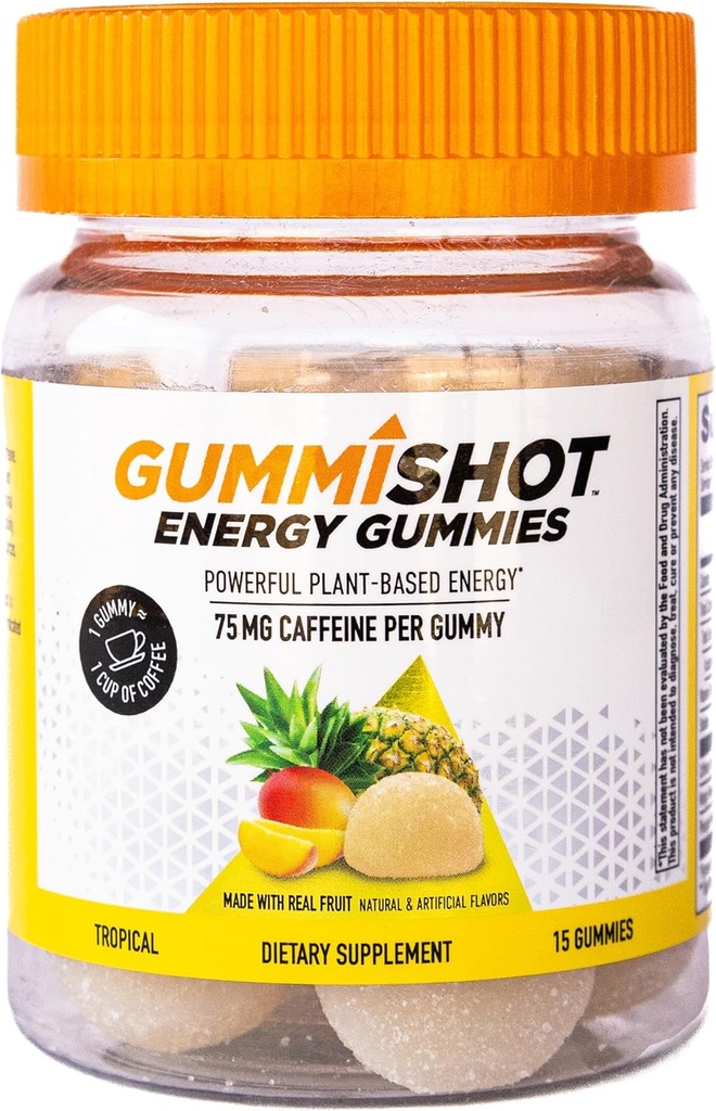 GummiShot Gummies energii, 1125 mg kofeiny na butelkę, Poprawiacze energii długotrwałej, Tropikalny (15ct)