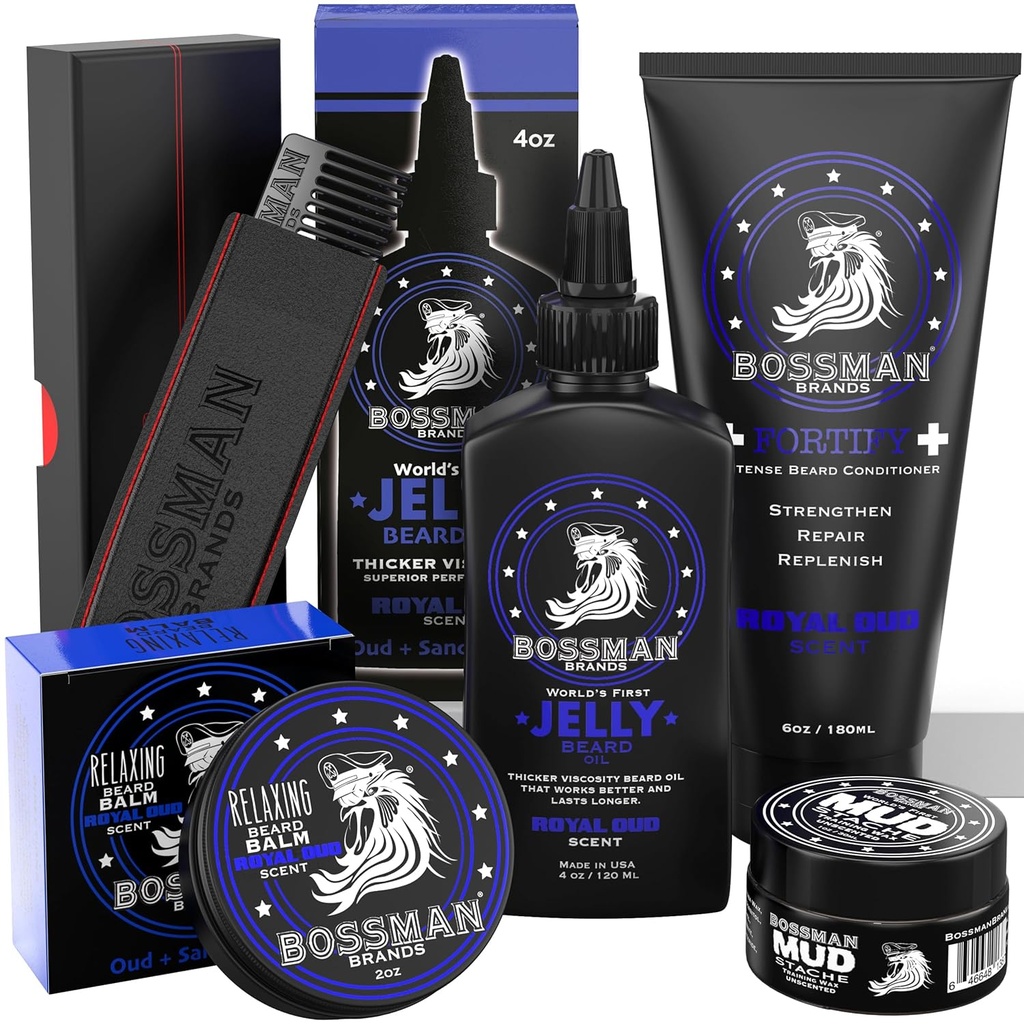 Bossman Complete Beard Kit - Men 's Beard Oil Jelly, Fortifying Prysznic, Balsam, Wosk wąsaty & Comb - Beard Softener & Grooming Care - Men Gift Set (Royal Oud Scent)