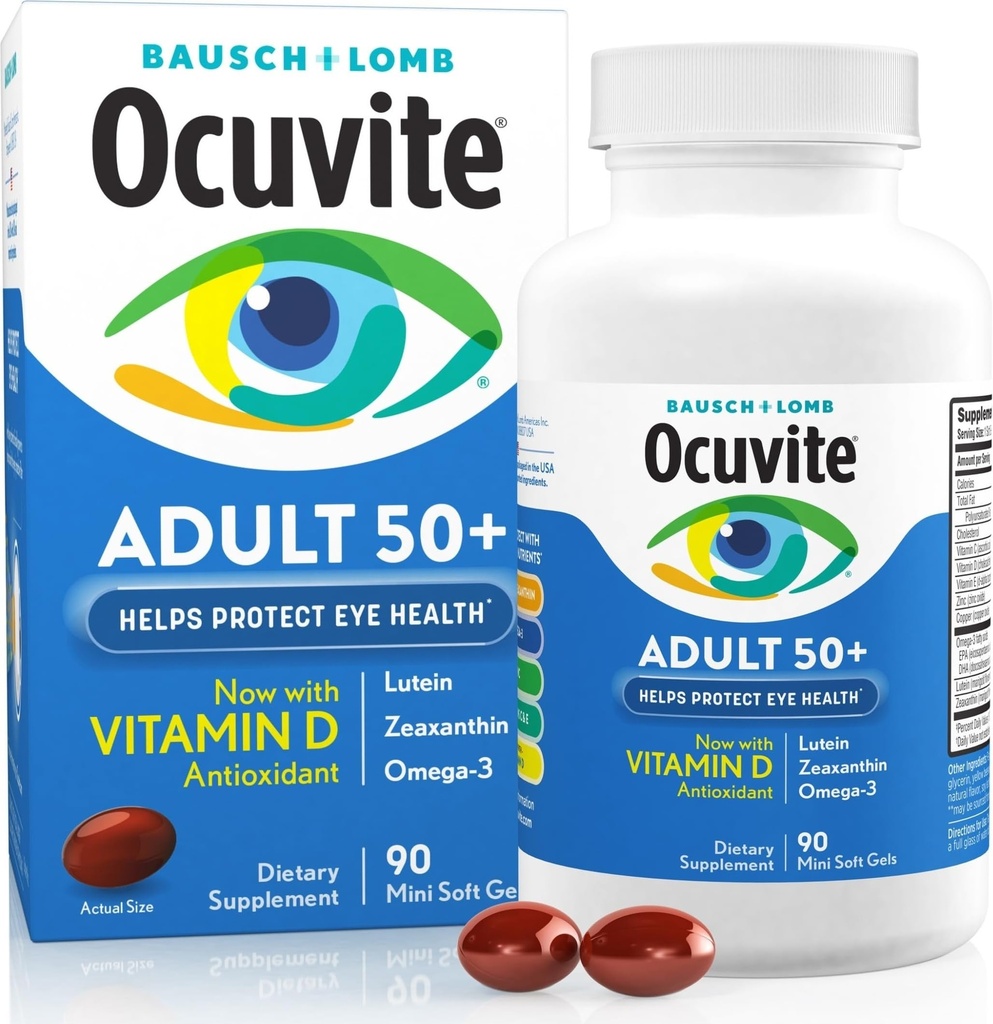 Okuwit 50 + Witamina i suplement mineralny do oczu, Multiwitamina do wizji i zdrowia oczu z Omega-3, Cynk, Witaminy C & E, Luteina i Zeaksantyna, Suplementy cynku dla kobiet i mężczyzn, 90 Softgels
