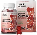 Dzikie i organiczne Panax Ginseng Gummies 1500 mg - Koreański Red Ginseng Supplement - Wegan, Nie-GMO Proszek korzeniowy Na podstawie żucia - 60 Hrabia