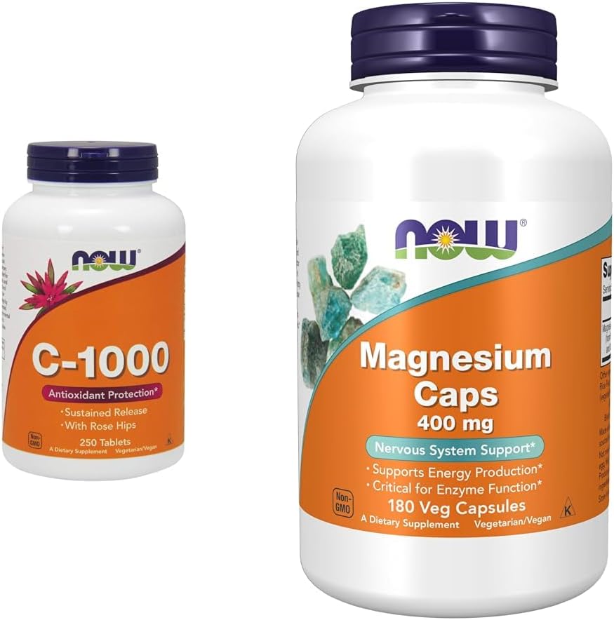Teraz suplementy, Witamina C- 1000 z Rose HIPS, Trwałe uwalnianie, Ochrona przeciwutleniaczy *, 250 Tabletki i suplementy, Magnezu 400 mg, Funkcja enzymy *, Wsparcie układu nerwowego *, 180 Kapsułki Veg