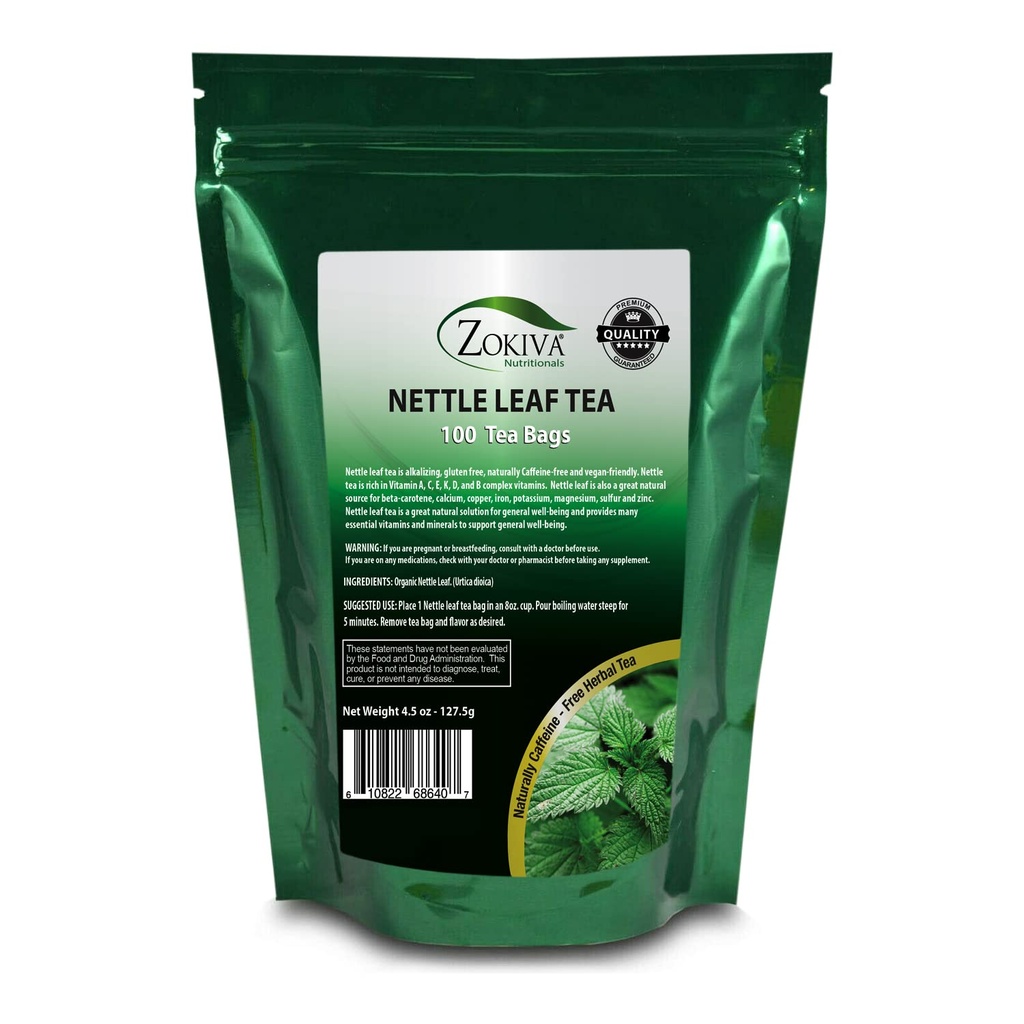 Zokiva Nutritionals - Nettle Leaf Tea Bags Mega Pack - 100 Premium Jakość Wygodne Organic Herbal Torby Herbal Herbal - Kawiarnia - wolne od kawy i Weganki - W Resealable Stand Up Zip Lock Pouch