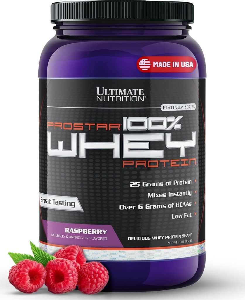 Ultimate Nutrition Prostar Protein Powder Isolate, Malina - Niskie węglowodany, Wysokie Białko Powder Shake for Muscle Gain & Recovery - Niski Sodu, Niski Tłuszcz & Keto Friendly - 2 lbs Tub