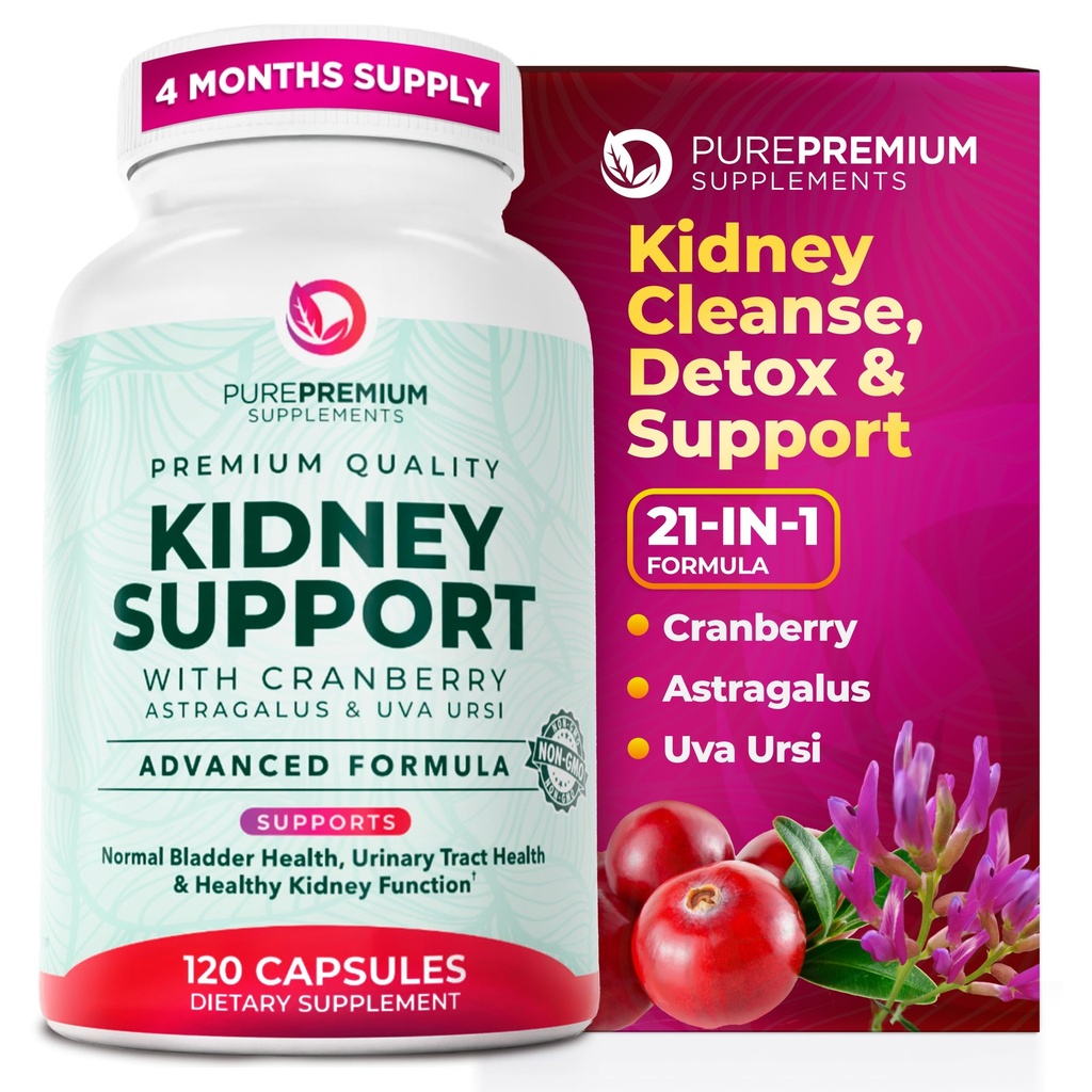PurePremium Nerki Supplement Supplement - Nerki Cleanse Detox & Naprawa z Cranberry Extract & Astragalus - 21- in-1 Complex Supports Normal Bledder, Trakt moczowy & Nerki Zdrowie - 120 Day Supply