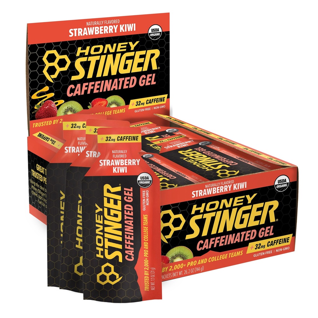Honey Stinger Truskawka Kiwi Energy żel, Kofeina & Gluten Free z organicznym miodem, do ćwiczeń, Bieganie i wydajność, Sports Nutrition for Home & Gym, Pre and Mid Workout, 24 Pack