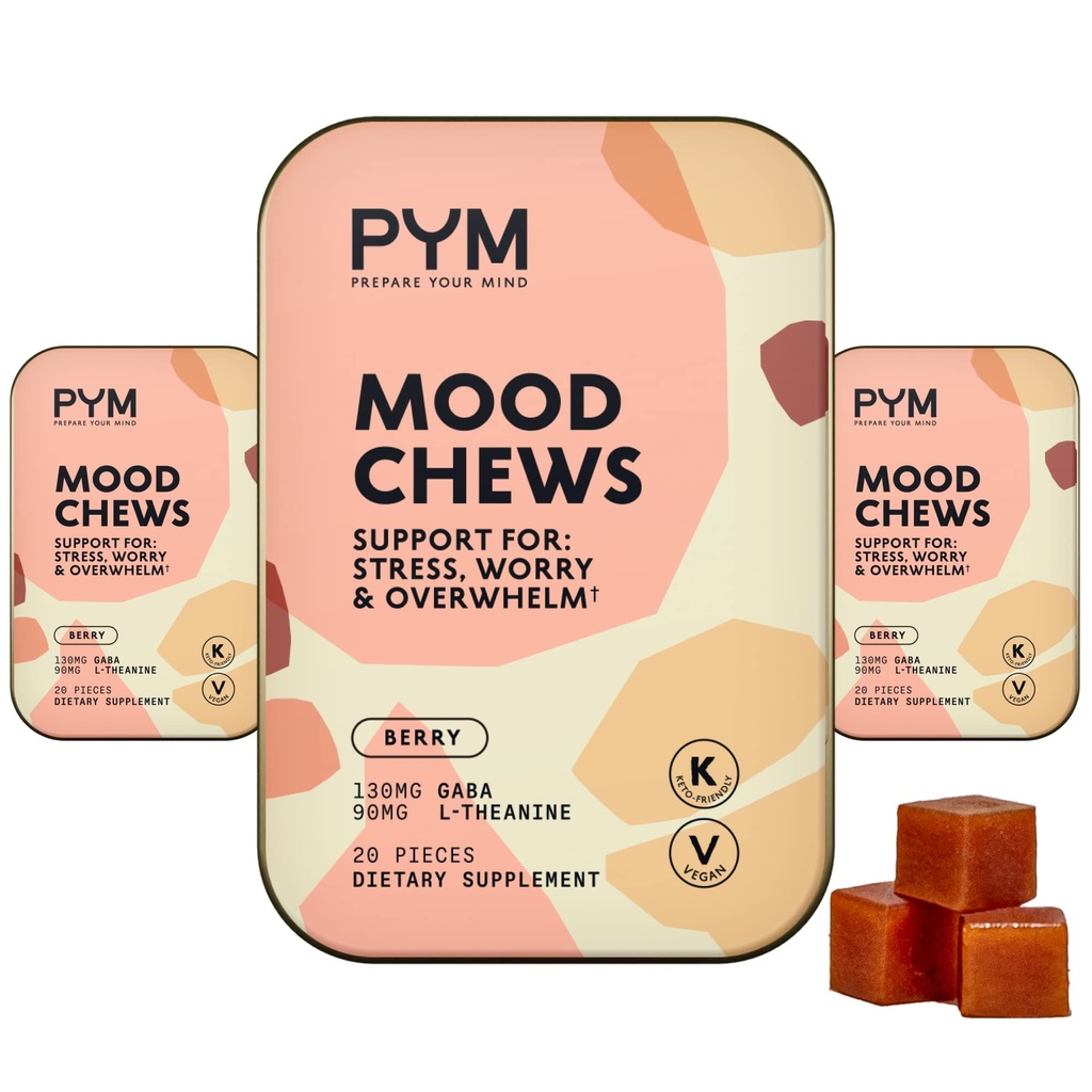 PYM Berry Mood Chews Support for Stress, Worry & Overdubm, 60 Hrabia 124; 130mg GABA, 90mg L- Theanine Bilans 124; Wegan, Non-GMO, Gluten- Free, Bez dodatku cukru 124; All- Natural Mood Balance Supplement Made in USA