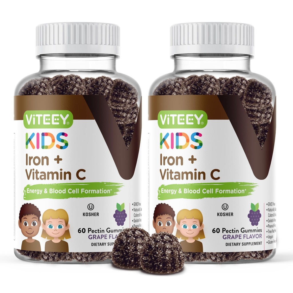 VITEEY Żelazo dla dzieci z witaminą C - Wspiera energię, Formulacja komórek krwi, Anemia krwi Dzieci suplementy żelaza - Wegan, Żelatyna wolna, Gluten wolny - Smaczne Gummy do żucia